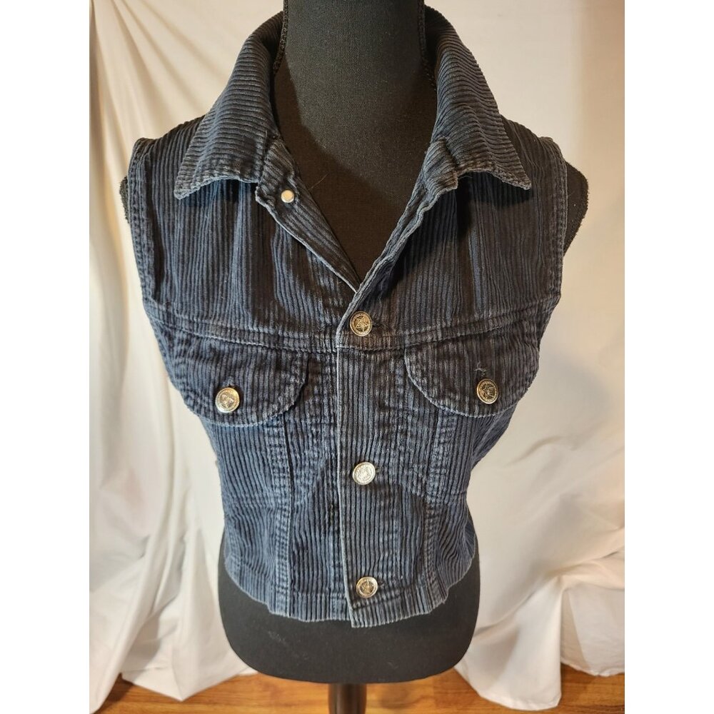 Vtge Y2K Navy Blue Corduroy Cropped Vest‎ Size M Rough Wear